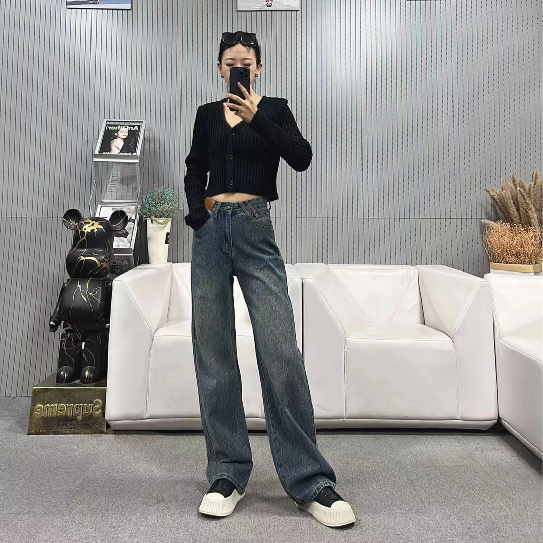 柒柒「长腿女神」美式高腰显瘦百搭时尚宽松蓝色复古牛仔裤 3106-2