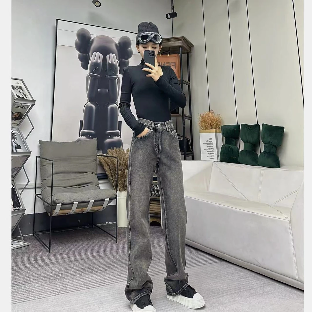 柒柒「爵士魔法」爵士黑灰手擦牛仔高腰直筒休闲拖地牛仔裤KB0372