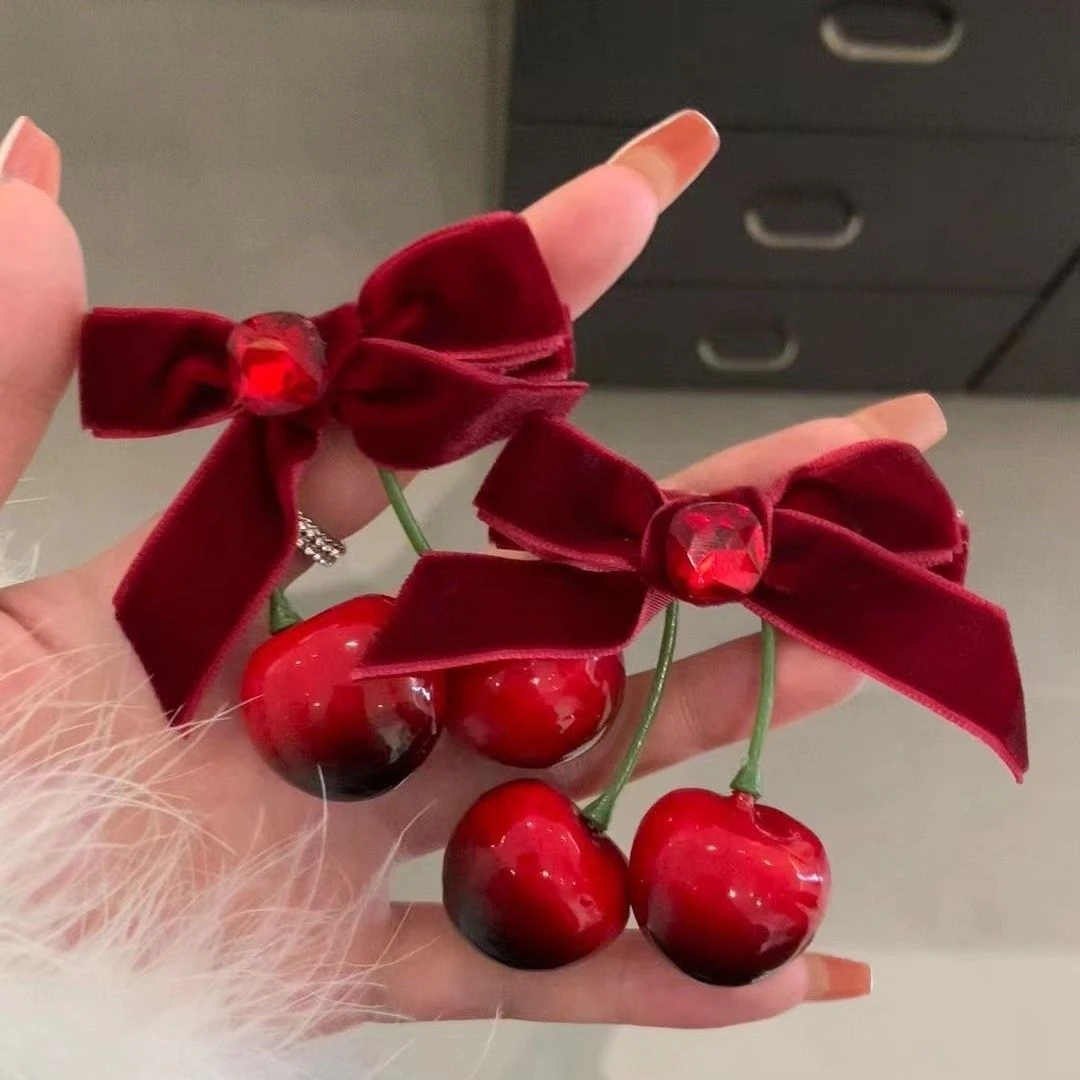 新年红樱桃蝴蝶结发夹发卡秋冬丝绒刘海夹鸭嘴夹双马尾对夹侧边夹