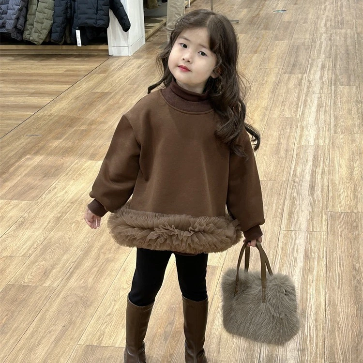 洋气卫衣2024秋冬新款中儿童保暖网纱花边加绒卫衣裙加厚上衣