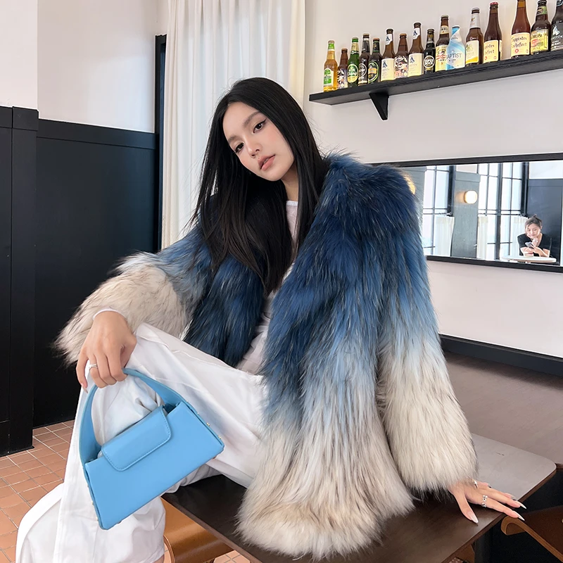 FLAME QUEEN/火焰皇后冰川蓝 进口貉子毛编织皮草渐变外套女冬