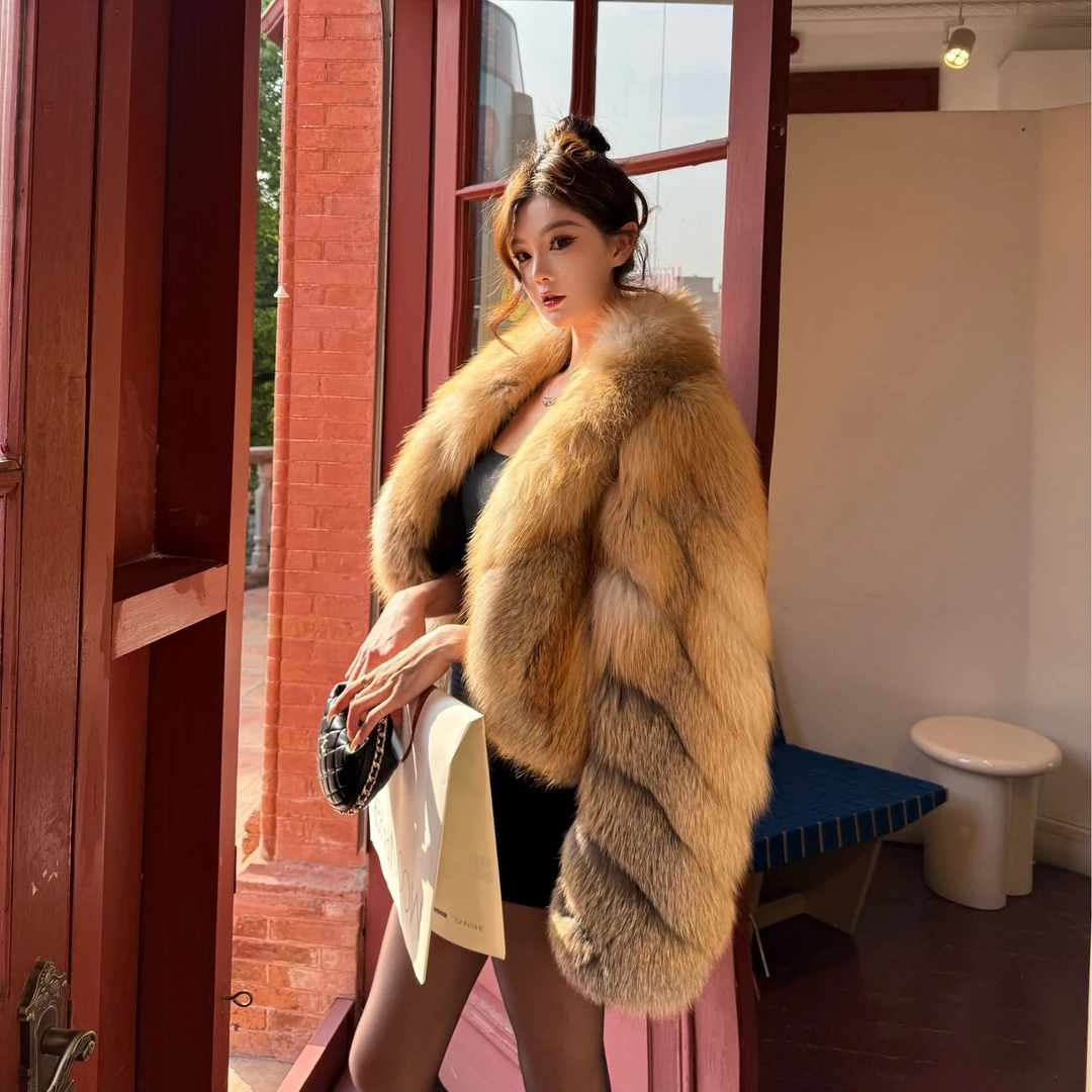 FLAME QUEEN/火焰皇后财阀名流 进口金狐狸毛整皮草外套女短款新