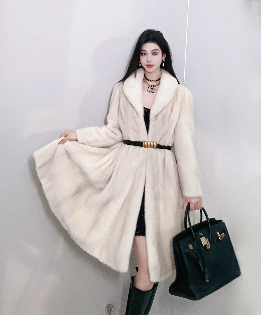 FLAME QUEEN/火焰皇后优雅赫本 长款大摆水貂外套貂皮大衣皮草女