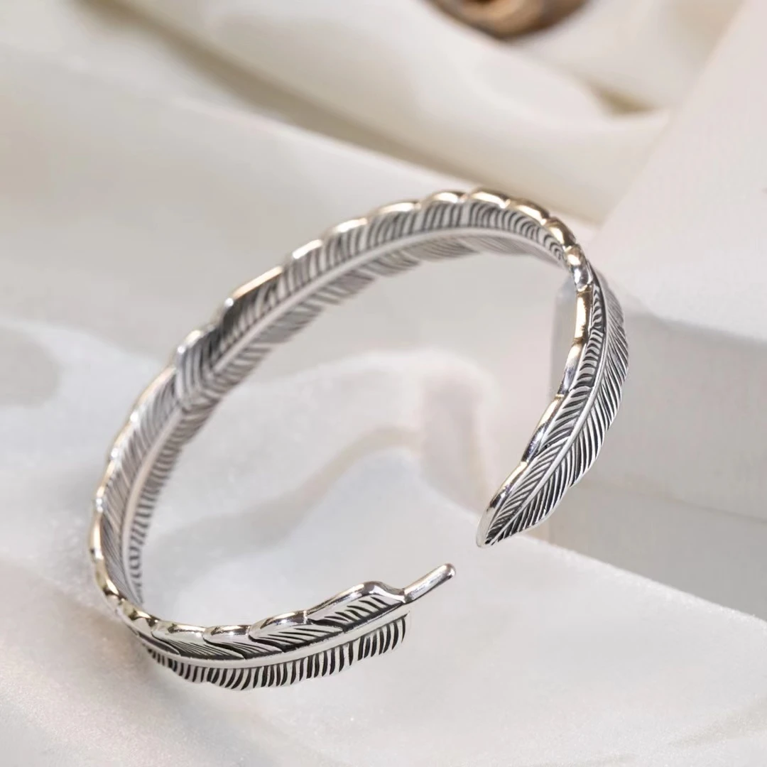 JIN GUI YIN/金贵银 足银手镯 做旧羽毛开口手镯DYSZ039