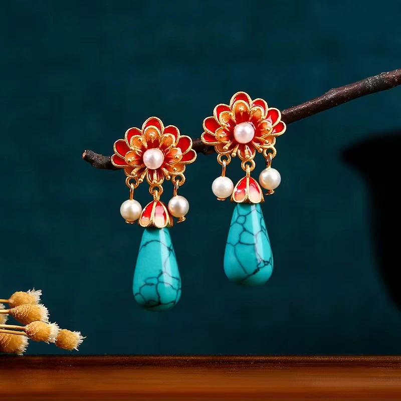 铜合金珐琅耳饰 【0465】国风古法镀金珐琅彩向阳花镶嵌仿松石耳钉