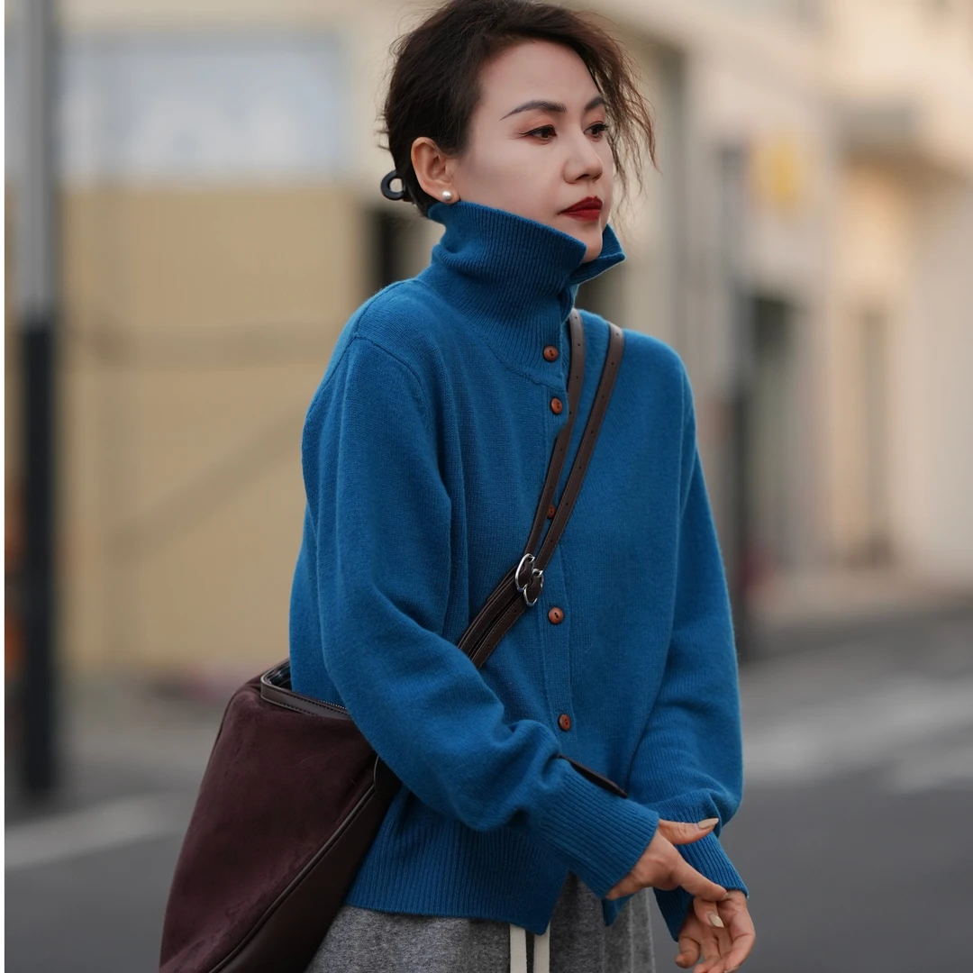 【0405】短款~ 全羊毛  冬季立领  韩系氛围感修身长袖羊毛针织开衫