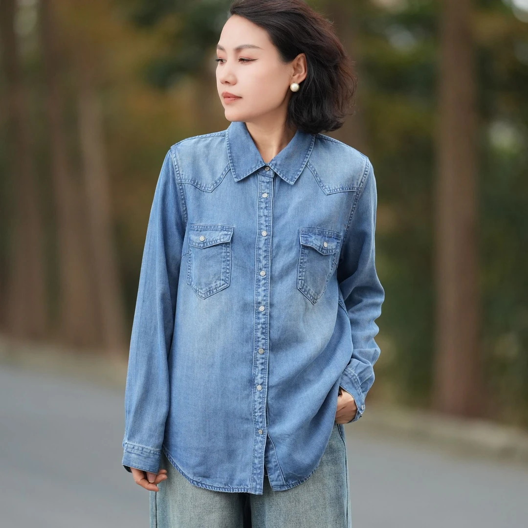 【0766】四季可穿衬衣～天丝蓝色牛仔衬衫修身衬衣气质打底内搭显瘦