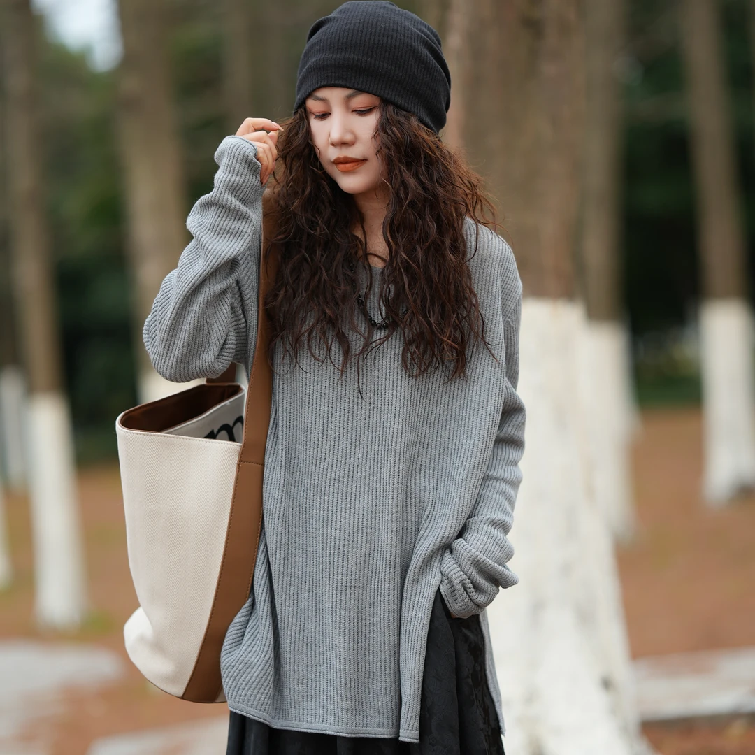 【0448】开叉 套头长袖针织衫 春季韩版休闲圆领 宽松显瘦 坑条毛衣