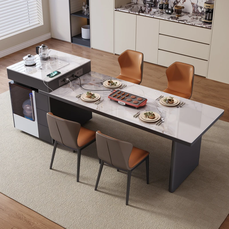 岩板岛台餐桌一体意式极简储物伸缩饭桌轻奢长方形家用餐桌椅组合