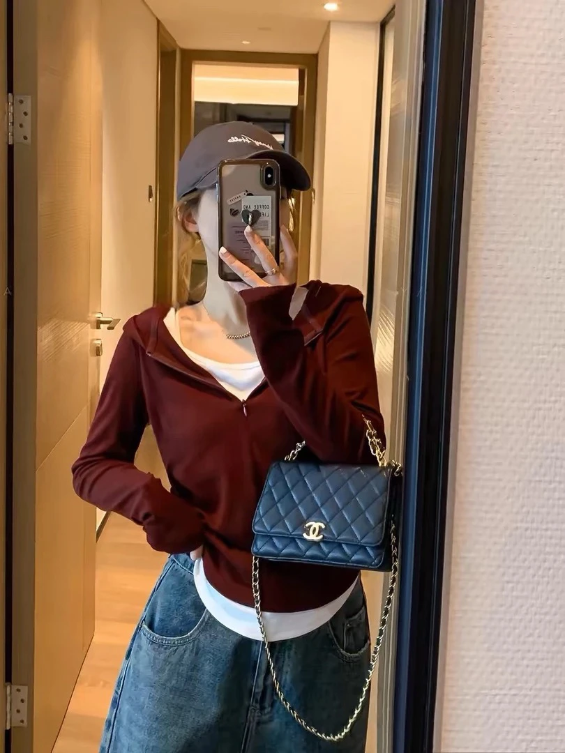 【连帽假两件】连帽长袖假两件T恤女2024年秋季新款显瘦上衣