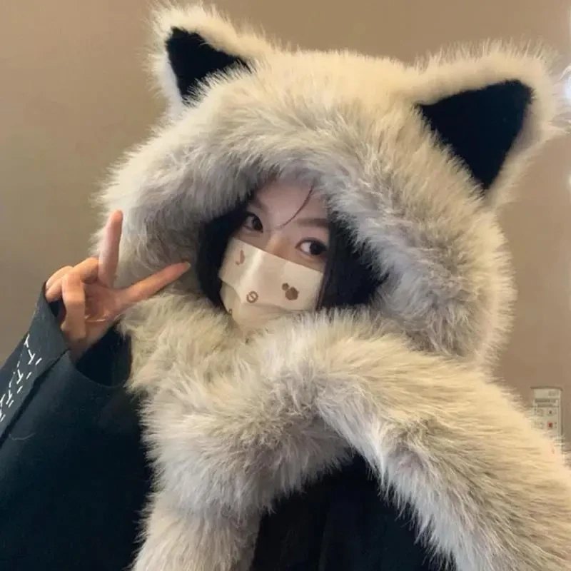 【高颜值】新款狐狸耳朵帽子女冬加厚保暖毛绒围巾一体骑车防寒xx