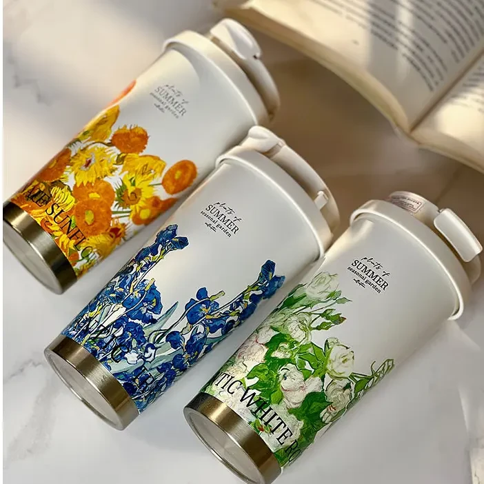 梵高系列轻奢便携保温杯冬季奶茶咖啡2025新款高颜值吸管三饮杯M