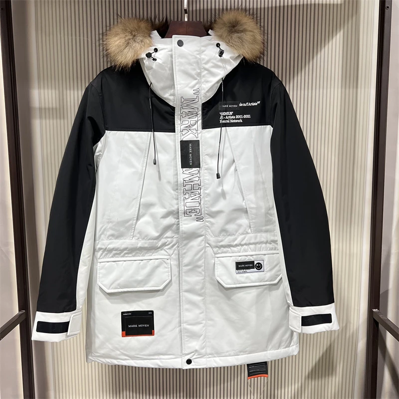 【3*3】潮牌情侣款大毛领中长款拼色羽绒服 21034  瑕疵 介意勿拍