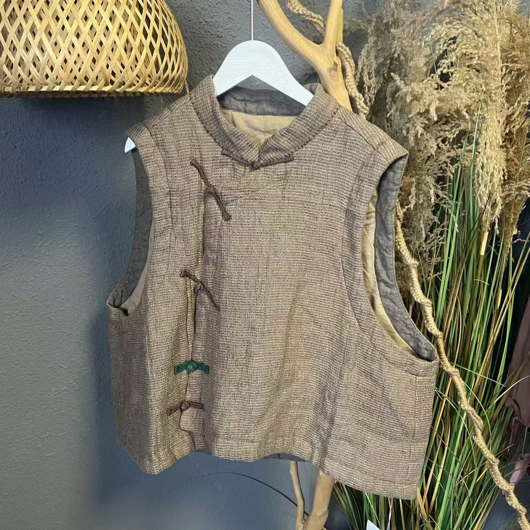 240912-1 新品文艺手工粗麻斜襟盘扣亚麻马甲女宽松大码无袖马甲