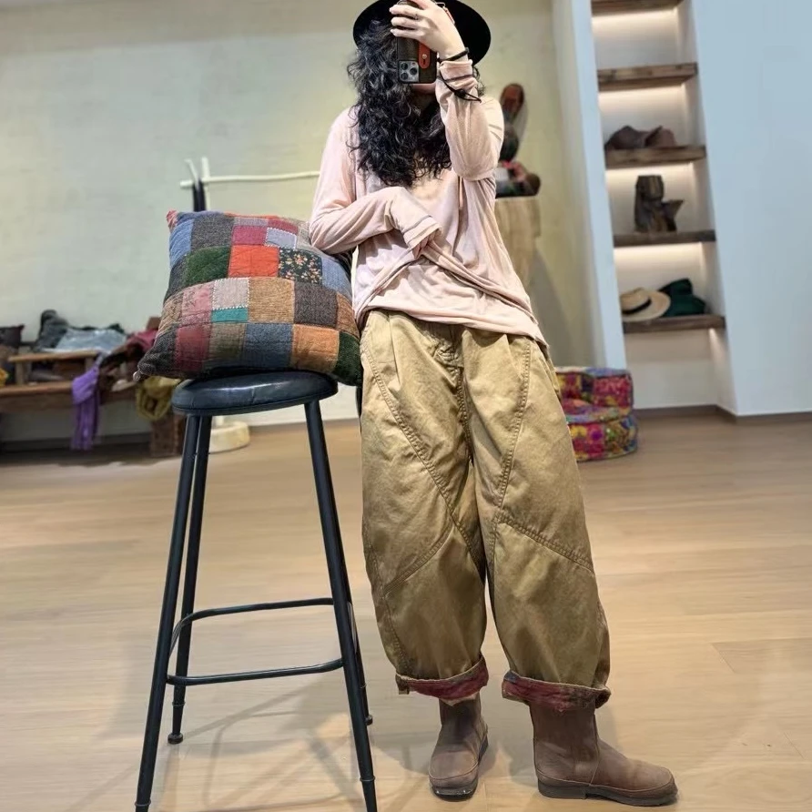 -231019斜纹混纺拼色脏染八分裤