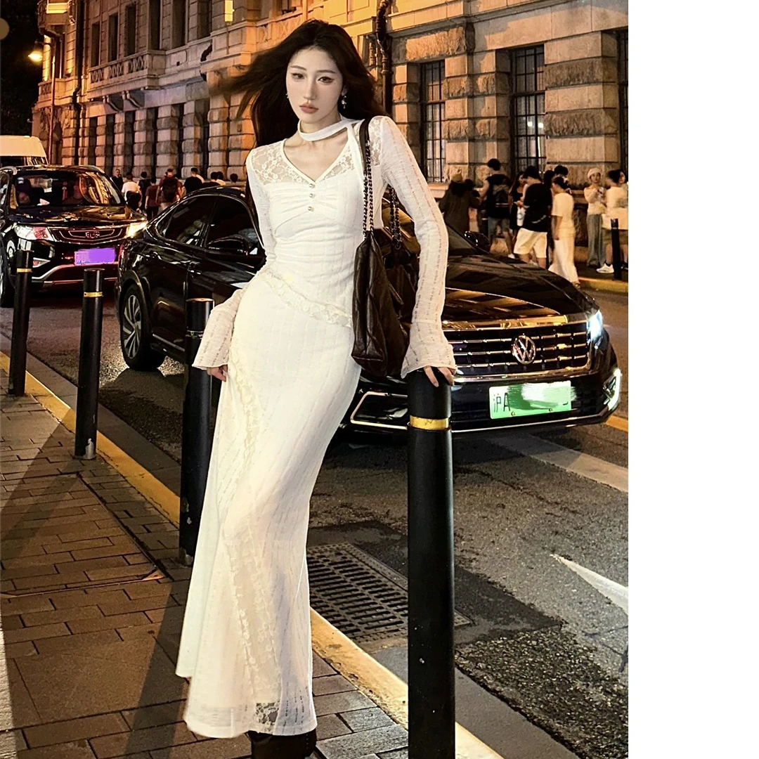 D170蕾丝长袖上衣针织套装女2024年秋季新款半裙秋季裙