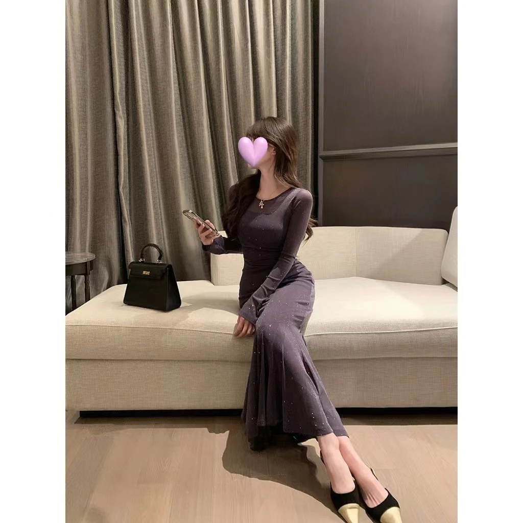 D153亮片微透连衣裙女夏季纯欲气质修身显瘦鱼尾裙长款包臀裙