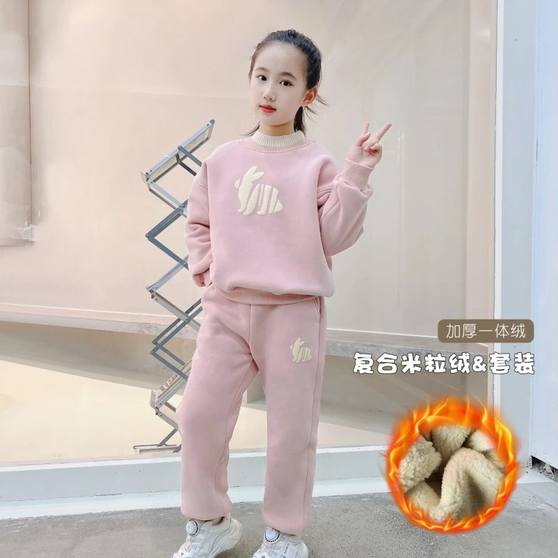 男女童加绒米粒绒套装冬季2022新款中大儿童洋气卫衣卫裤两件套