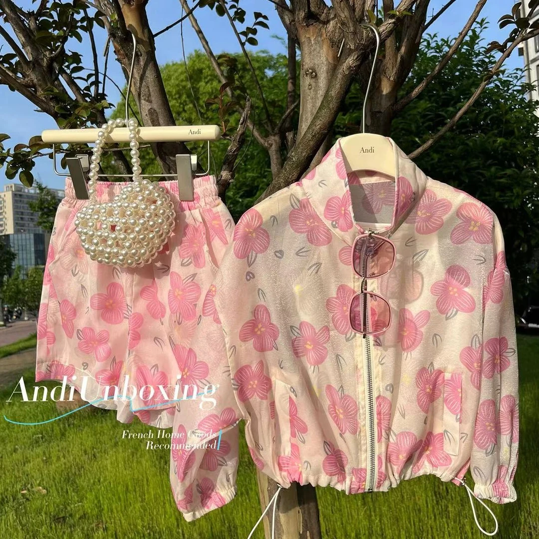 〖ANDI〗订制夏款新款花朵满印女童拉链防晒服套装2286