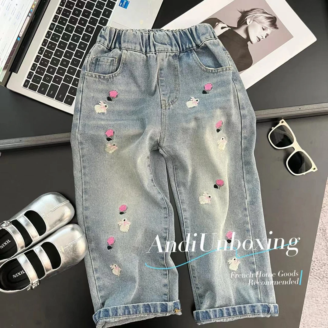 〖ANDI〗订制秋季新款女童卡通兔刺绣牛仔裤直筒裤2578超可爱蔷薇