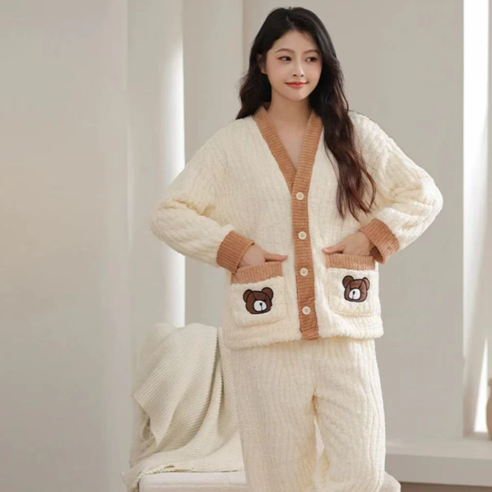 （好物严选）小熊睡衣套装舒适长袖可爱学生居家珊瑚绒家居服套装