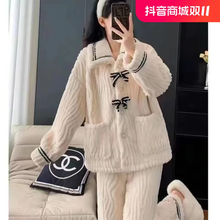 新款秋冬季睡衣女套装珊瑚绒加厚保暖家居服小香风宽松蝴蝶结开衫