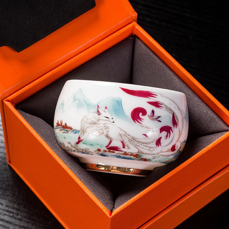 高档主人杯高端的功夫茶杯陶瓷品茗杯描金茶碗大容量禅定杯礼盒装