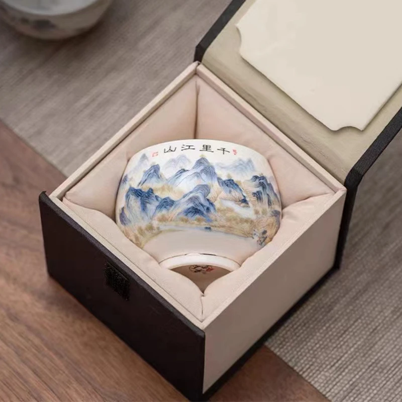 高端的主人茶杯千里江山杯单个功夫茶杯建盏大号品茗杯茶碗禅定杯