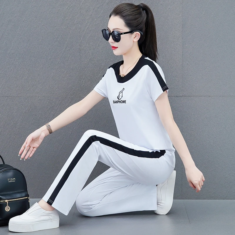休闲运动套装女洋气大码运动服短袖长裤减龄显瘦两件套跑步夏装女