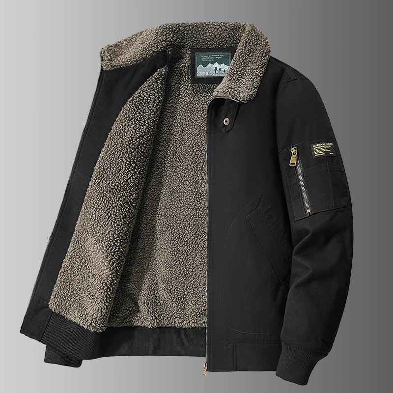 加厚羊羔绒外套男士冬季加绒御寒保暖棉衣翻领复古工装飞行员夹克