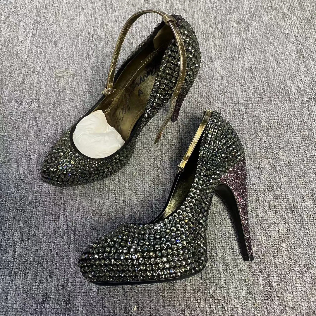 LANVINnomam女鞋折扣 黑银色圆头水钻绑带时尚百搭高跟鞋 35码