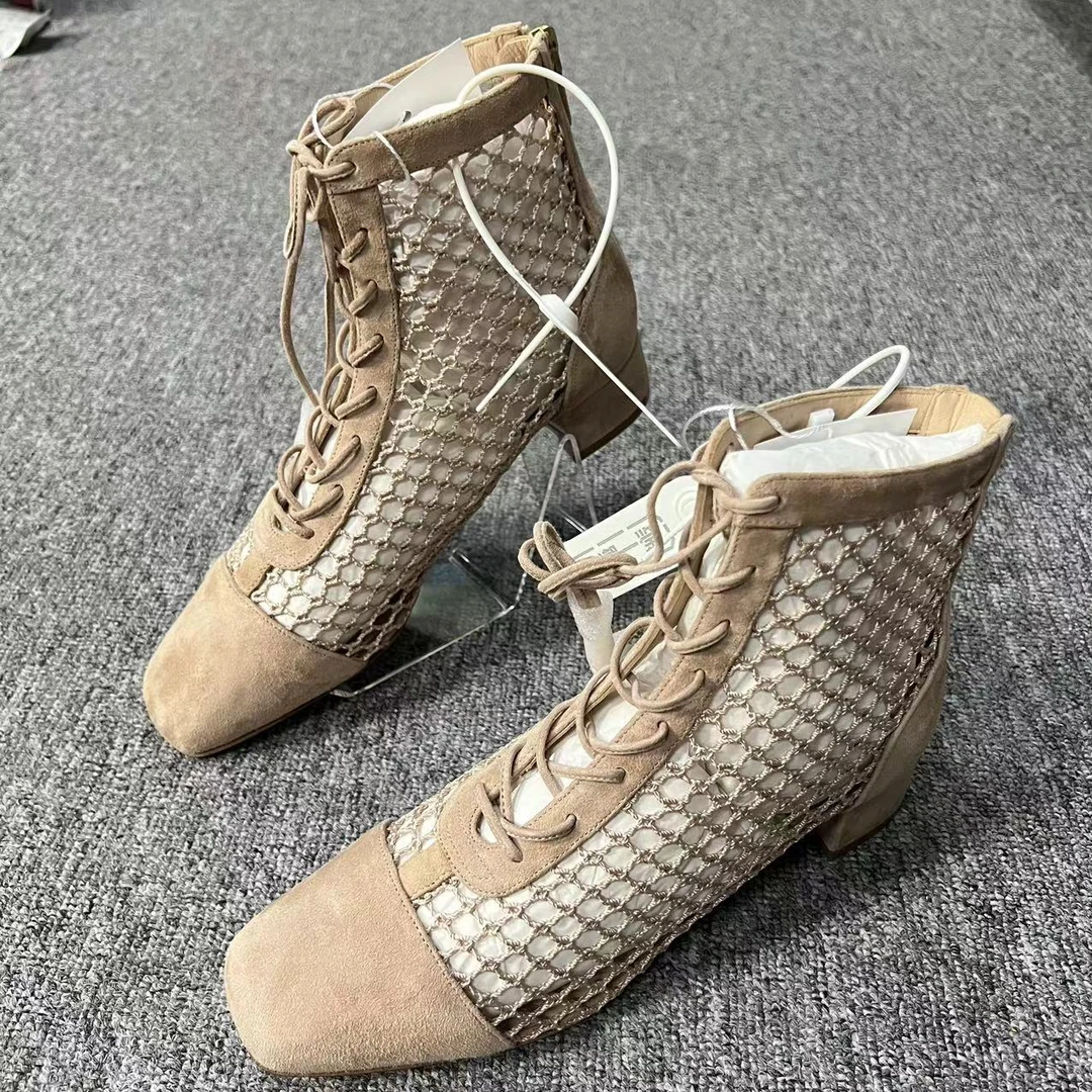 DIOR/迪奥诺曼女鞋折扣时尚棕色镂空粗跟尖头靴子杏色35.5码 936