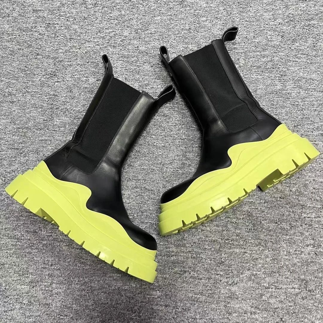BOTTEGA VENETA/葆蝶家36码/ 黑色休闲复古黄色厚底中筒靴 1083