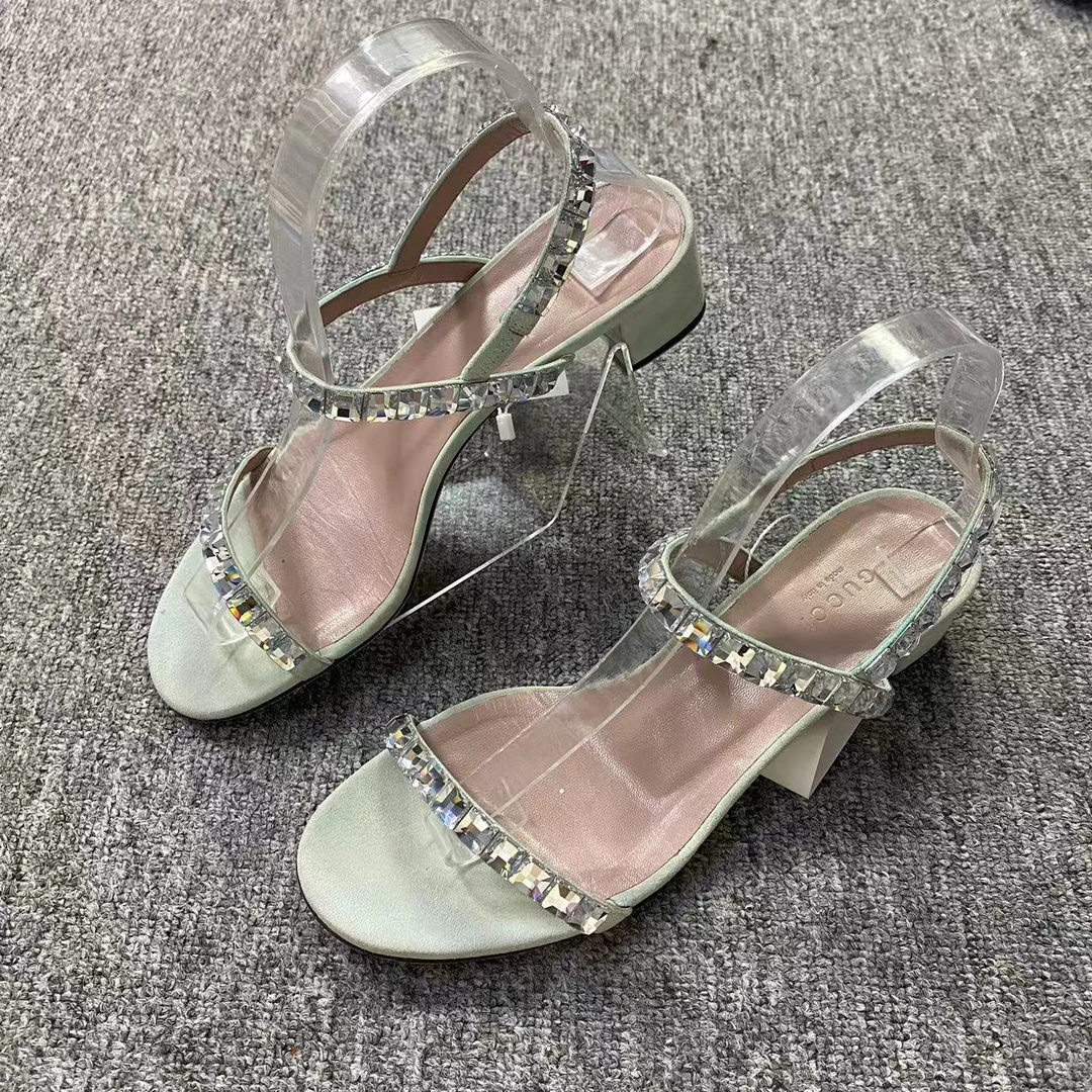 GUCCI/古驰诺曼女鞋折扣 浅绿色水钻绑带粗跟高跟鞋 37.5码 1124
