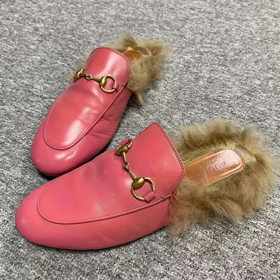 GUCCI/古驰37码/诺曼女鞋折扣 粉色金标马衔扣毛绒穆勒半拖 537