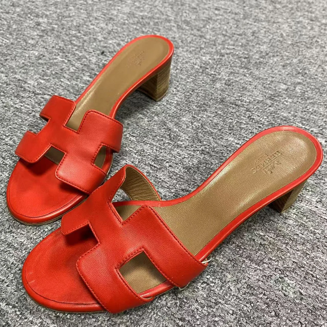 Hermes/爱马仕38码/诺曼女鞋折扣 红色大H休闲百搭高跟拖鞋 1719