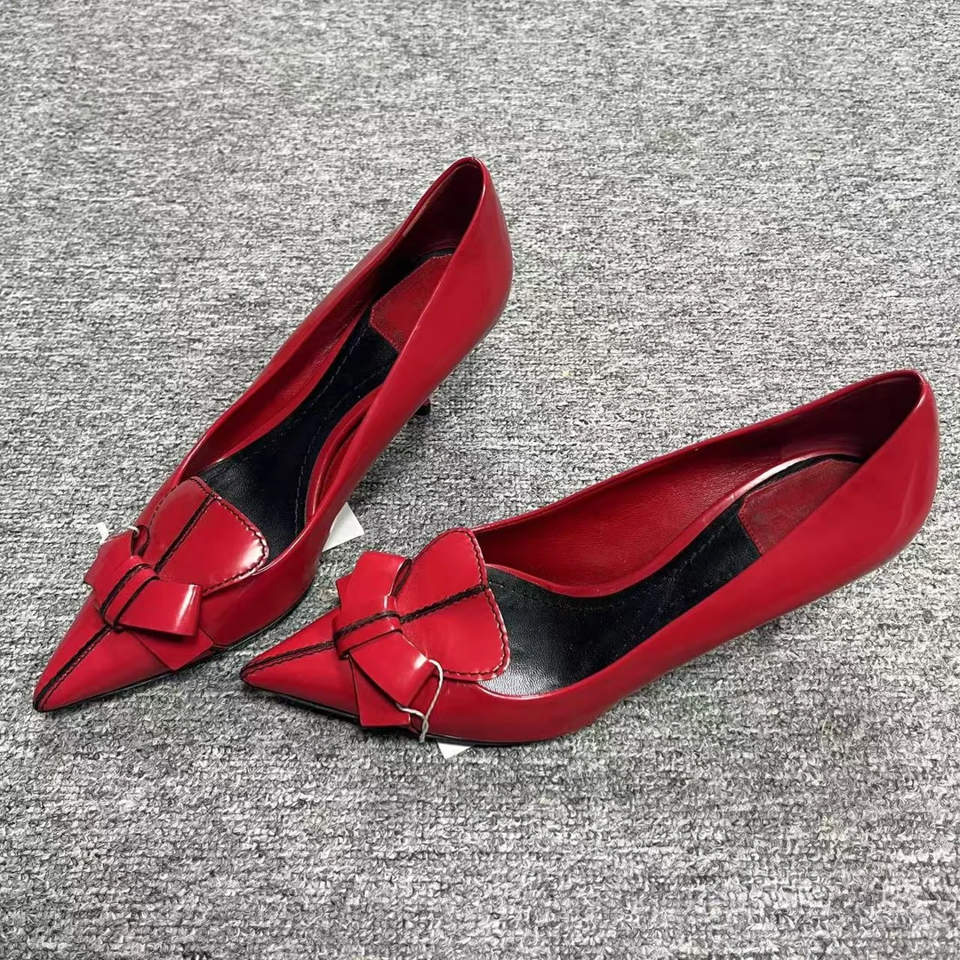 DIOR/迪奥37.5码/诺曼女鞋折扣 玫红色蝴蝶结休闲尖头高跟鞋 1721