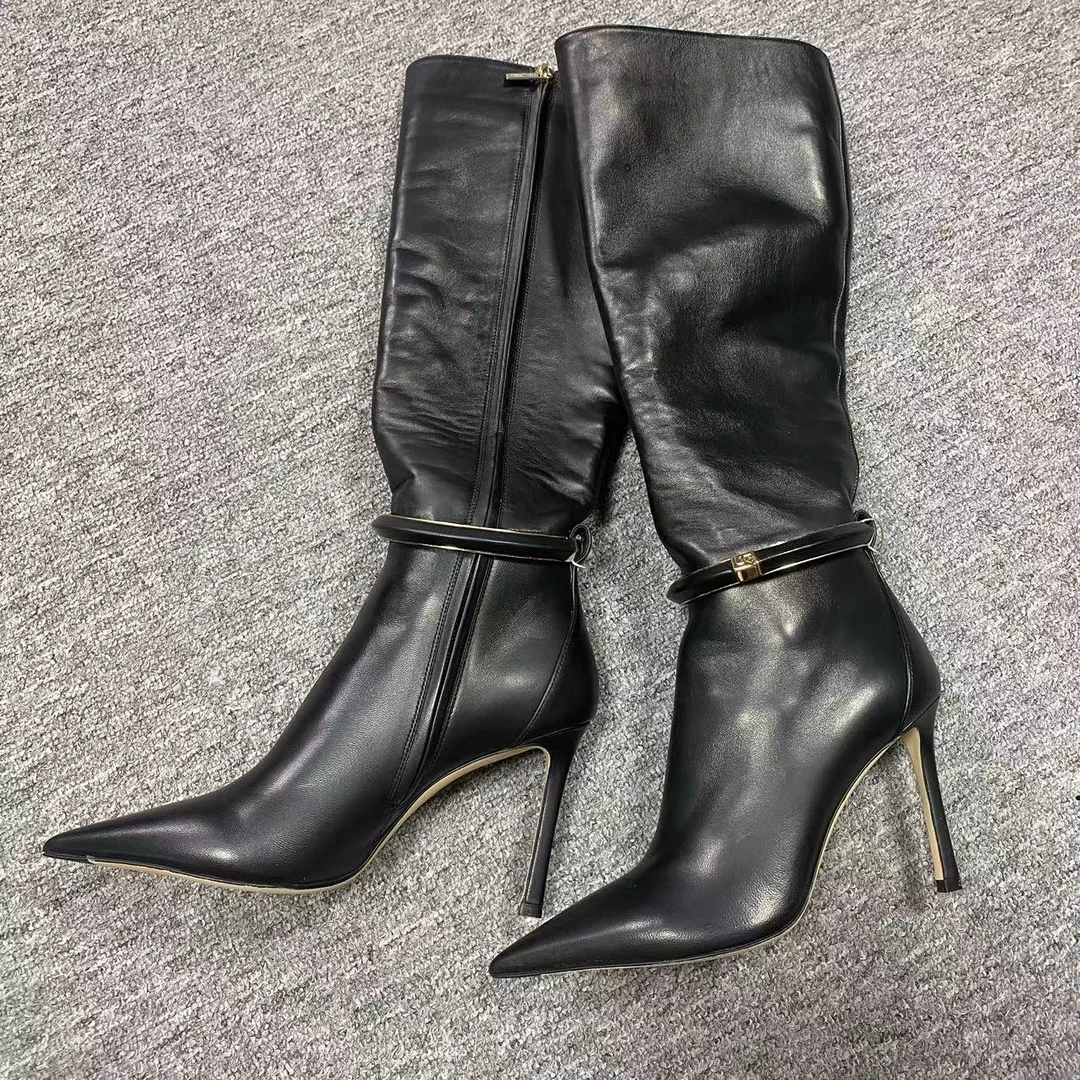 JIMMY CHOO/吉米周35.5码/诺曼女鞋折扣 黑色尖头金标长靴 1517