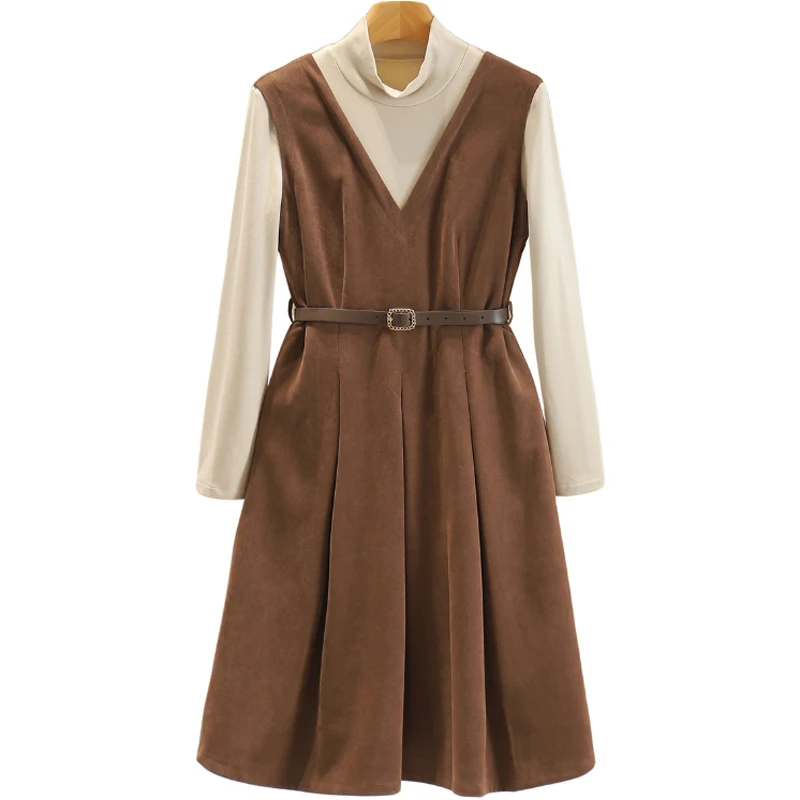 【伍莎-自营】假两件高领收腰显瘦连衣裙折扣女装#WYX48L007