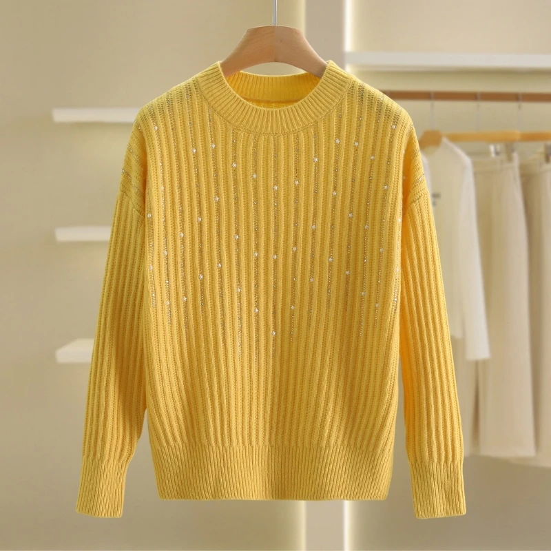 【伍莎-秋水系列】五角星水钻圆领纯色毛衫#BQS48M013