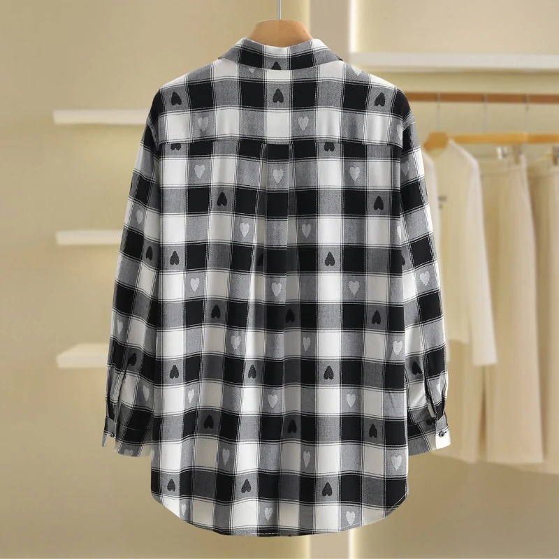 【伍莎-秋水系列】不规则爱心黑白格减龄长袖衬衫#BQS48S002