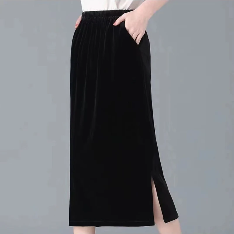 丝绒半身裙黑色长裙松紧高腰开叉显瘦洋气裙子显瘦直筒裙百搭时尚