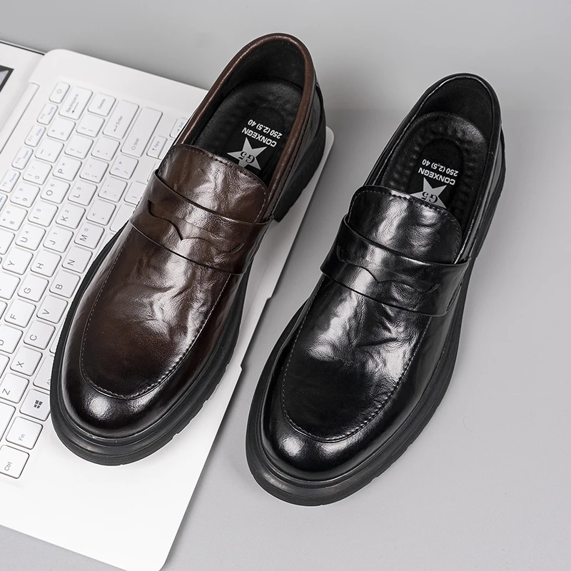 夏季牛皮商务休闲皮鞋男真皮英伦风百搭透气软底一脚蹬男鞋85679
