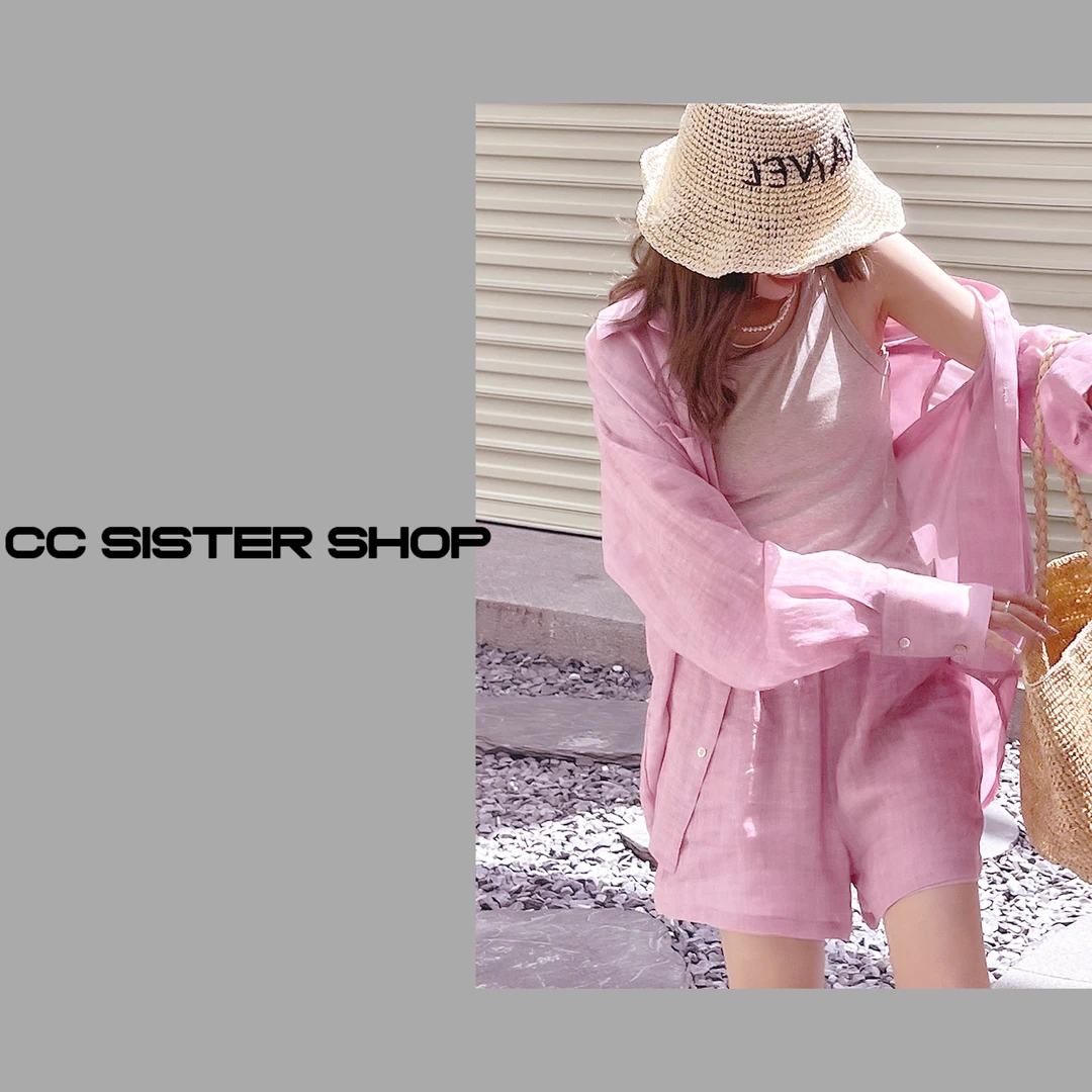 CC SISTER SHOP简约时尚宽松慵懒桃妖粉色亚麻休闲衬衫短裤套装女