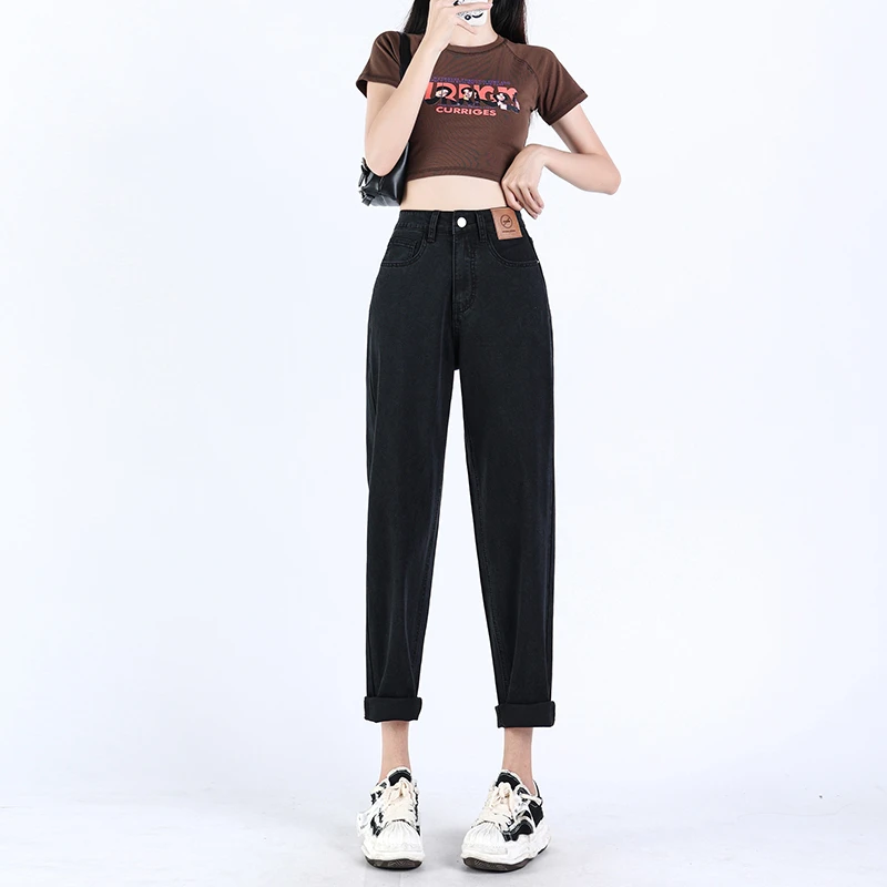 2025夏季新款春秋高腰牛仔裤女宽松显瘦设计款梨形身材遮胯哈伦裤