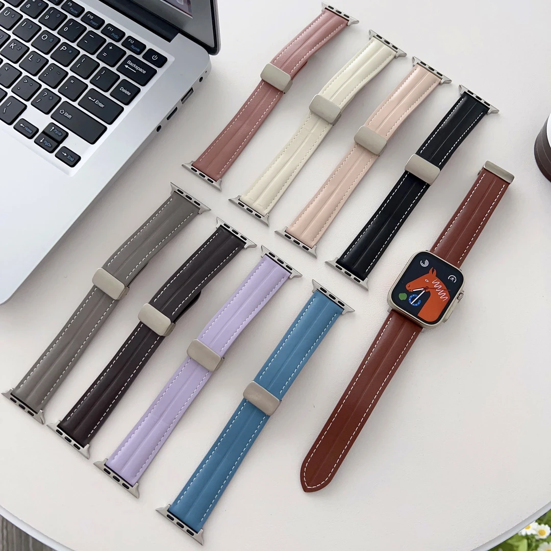 适用苹果applewatch手表表带真皮凹槽磁吸扣 Ultra女款小众新款se