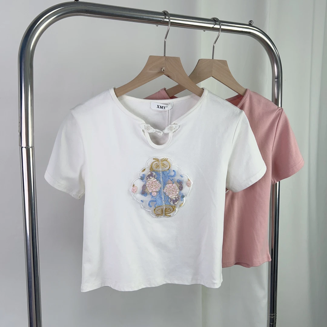 夏季t恤显瘦绣花设计感休闲复古重工修身时尚短款T恤国风小众