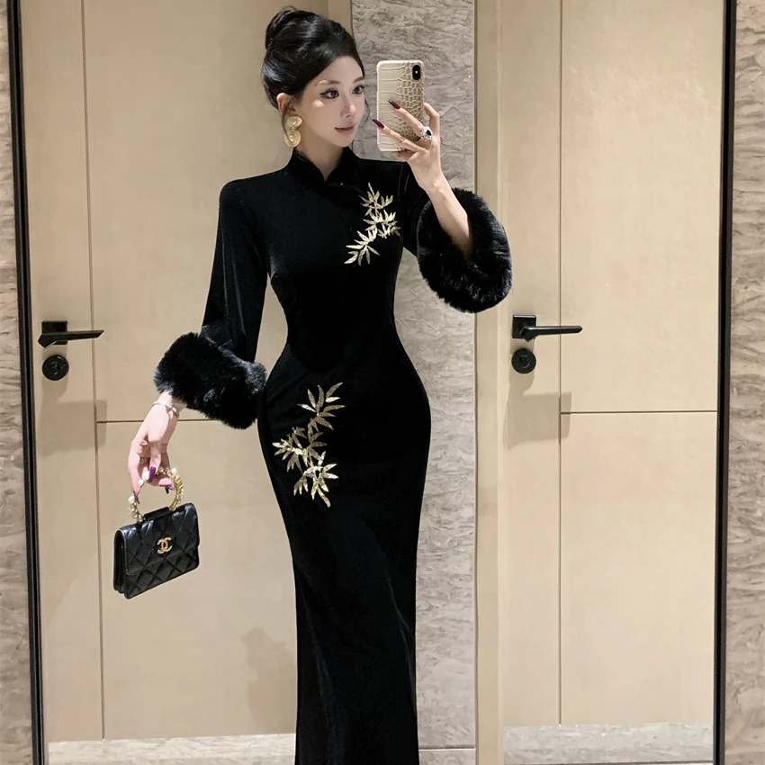秋冬新款黑色新中式旗袍改良年轻款少女高级感国风长袖丝绒连衣裙