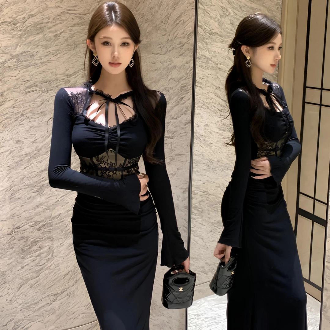 暗黑系辣妹风镂空蕾丝短款绑带长袖上衣+高腰黑色鱼尾半身裙套装