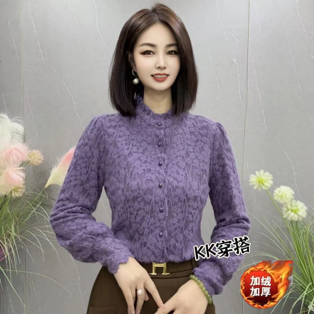 【KK】BX2036冬季新款加绒加厚时尚木耳领长袖气质百搭上衣